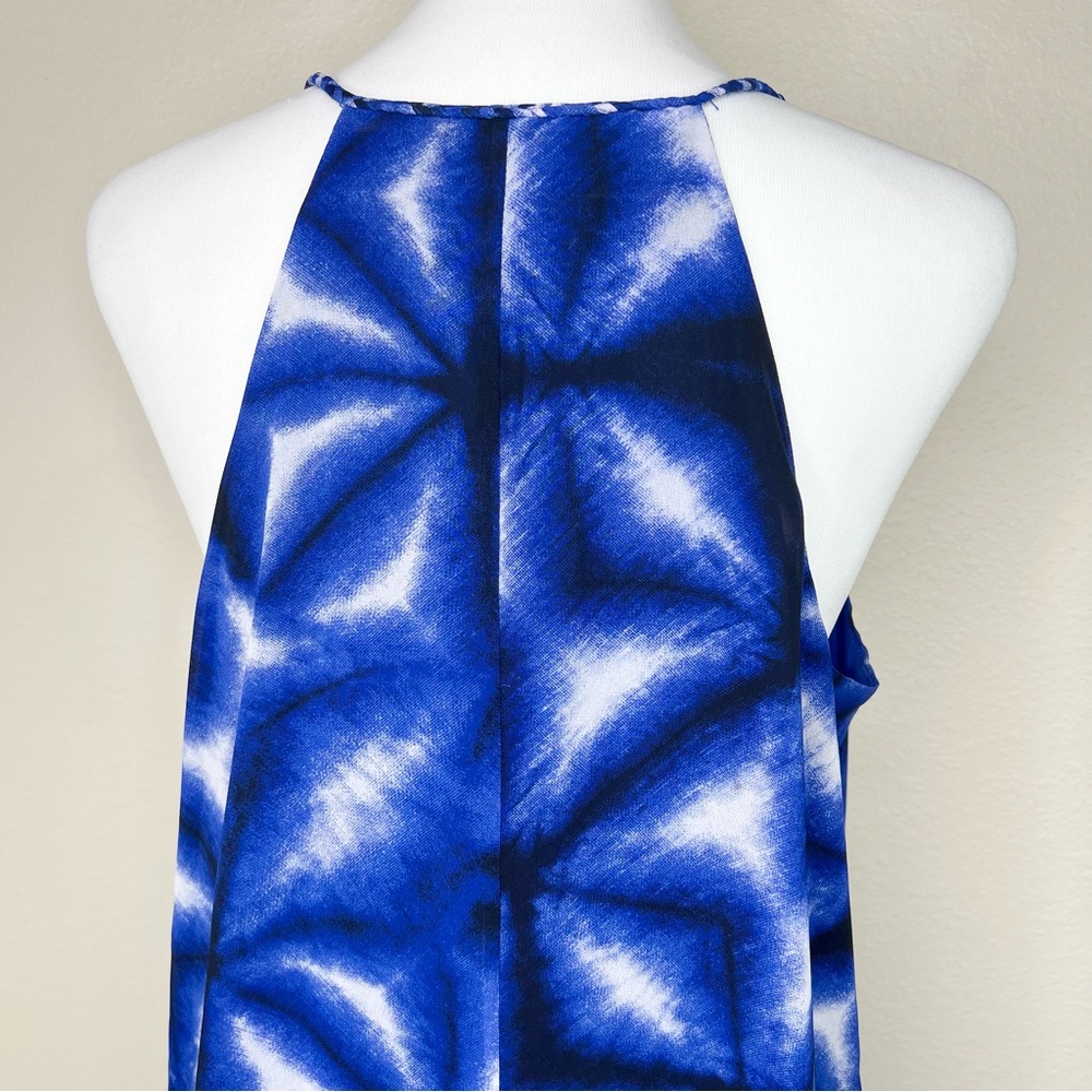 Calvin Klein Blue Chiffon Sleeveless V-Neck Flowy Asymmetric Trapeze Dress - Picture 7 of 12